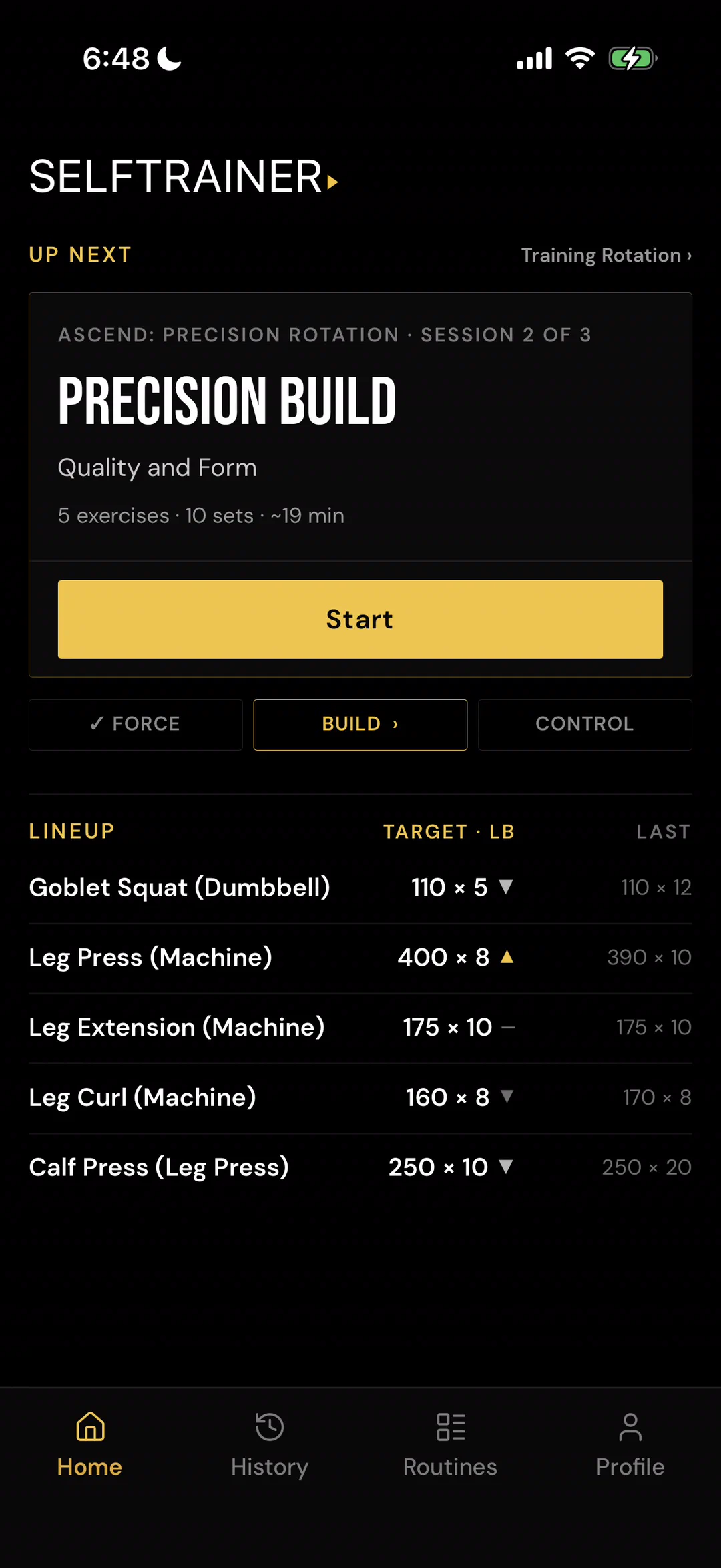 SelfTrainer home screen showing the next session in the training rotation.