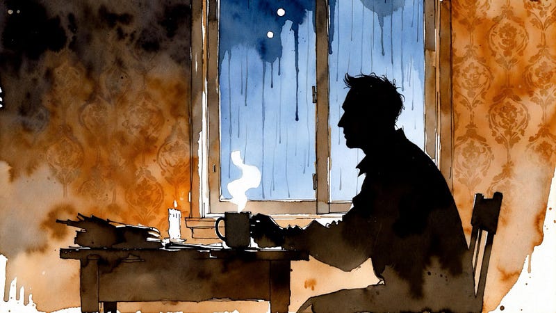 Illustration of a person seated at a desk beside a window, framed by warm patterned walls.